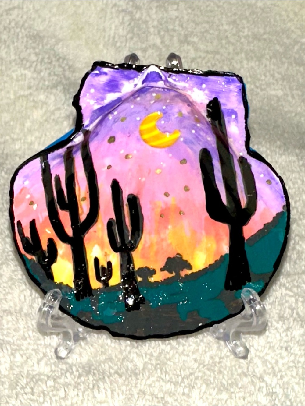 Desert Sunset Cacti Hand-Painted Seashell Art